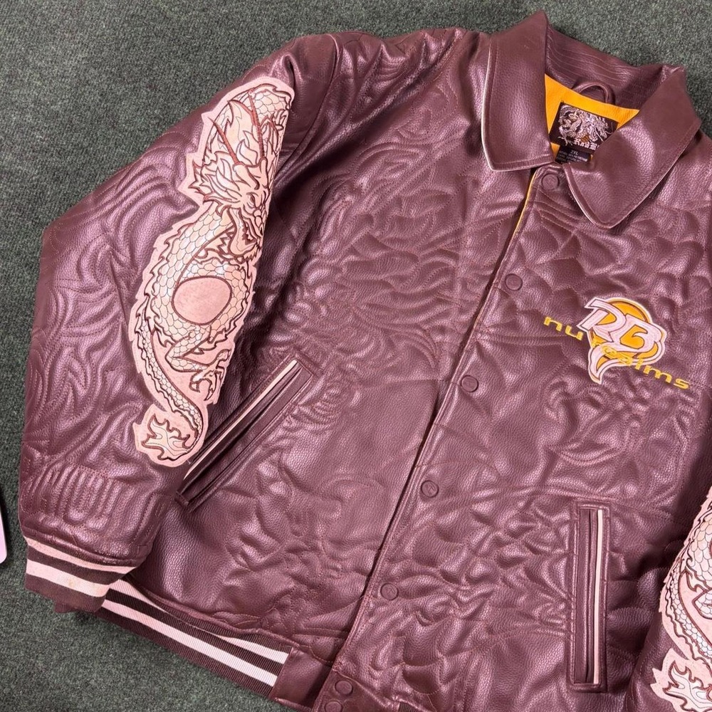 Vintage Y2K Brown Raw Blue Chinese Dragon Graphic Embroidered Button Up Jacket